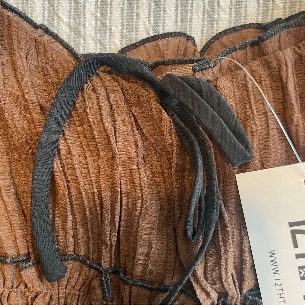 12th Tribe Brown Plisse Ruffle Cami Top XL - Smocked Cropped Bodice‎ Zipper #685 - Picture 2 of 8
